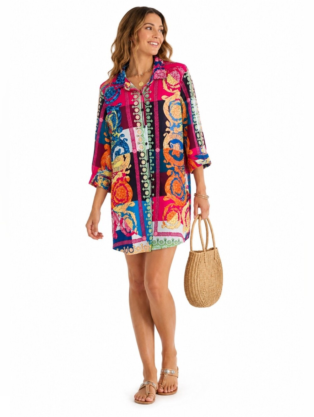 Jainmy Martinez Boho Print Tunic Shirt Dress Size M Long Sleeve Colorful Button